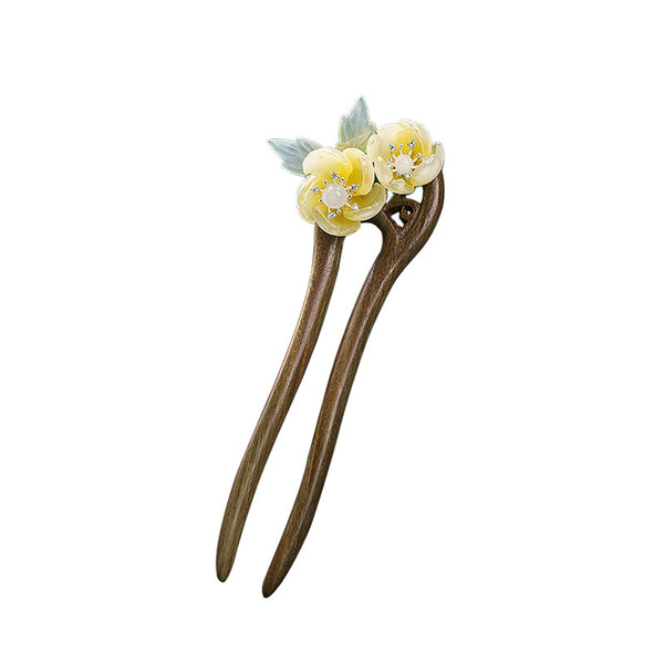 Quicolo - Chinese Traditional Style Sandalwood U-Shaped Hairpins ,With Kitty Flower Tassels Phoenix Designs,Elegant Vintage Hair Sticks Accessories,Daily Hair Style,Beauty Trends,Gift Ideas（Green Sandalwood - Teal Flower）