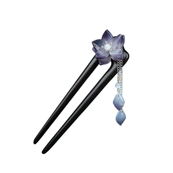 Quicolo - Chinese Traditional Style Sandalwood U-Shaped Hairpins ,With Kitty Flower Tassels Phoenix Designs,Elegant Vintage Hair Sticks Accessories,Daily Hair Style,Beauty Trends,Gift Ideas（Purple Flower Tassel）